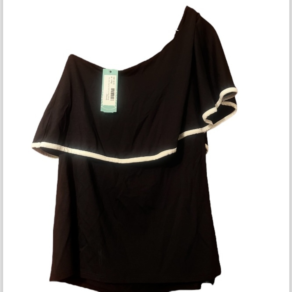 Stitch Fit montagne baraga Sz M one shoulder ruffle knit top black white trim